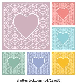 Heart frames set, openwork filigree template for Wedding Bridal, Valentine's day, greeting cards or Birthday Invitations. Decorative lace pattern. Abstract cutout heart panel border for laser cutting