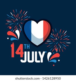 heart france flag with fireworks to bastille celebration