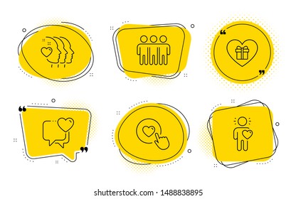Heart, Friends couple and Friend signs. Chat bubbles. Romantic gift, Like button and Friendship line icons set. Surprise with love, Press love, Trust friends. Friendship. Love set. Vector