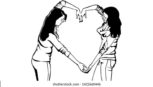 Heart of friendship.Two girls folded their hands in the form of hearts