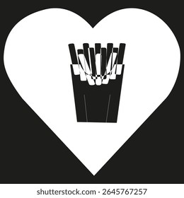 Heart fries icon. Food love symbol. Vector snack design. Black background shape.