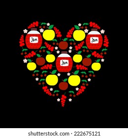 Heart from Fruits and Jars with Jam. Apples, Cherry and Currency. Vector Illustration