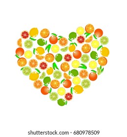 heart from fruits, vector. Oranges,grapefruits, lemons folded into the shape of a heart.