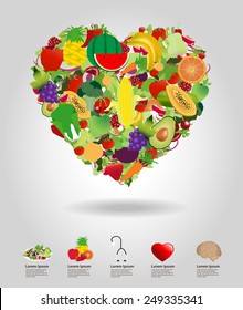 Heart of fruits and vegetables, vector illustration template design