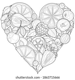 Heart with fruits.Coloring book antistress for children and adults. Zen-tangle style. Black and white drawing