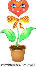 Heart fun gift with a bow, grown from a flower pot, a symbol of love, friendship, loyalty