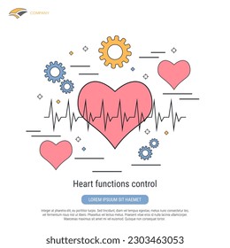 Heart functions control, healthcare, cardiology flat contour style vector concept illustration