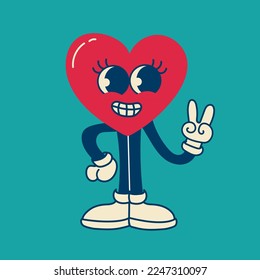 Heart funny cartoon character. Valentines day vector illustrations. Love concept of comic stickers, patches, pins in retro cartoon style.