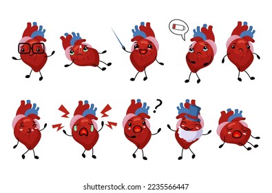 Heart funny character smiley legs hands face expression set vector flat illustration. Red internal organ comic emoji sick teach hungry angry love crying frustrated grandfather sleeping funny emoticon