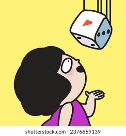 Heart Gambling Woman Hand Throwing Dice Up In The Air Concept Card Character illustration
