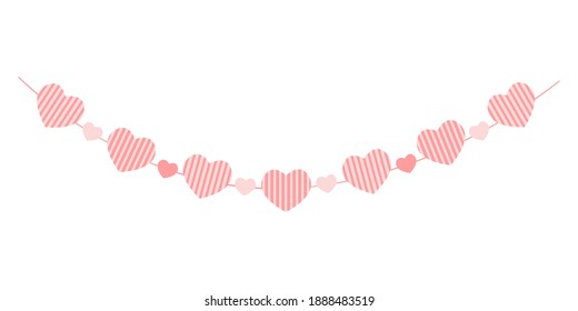 Garland del corazón aislado en fondo blanco. Corazones a rayas. Bunting para la fiesta de San Valentín, boda, cita romántica. Decoración para carteles, tarjetas de felicitación e invitaciones. Ilustración vectorial.