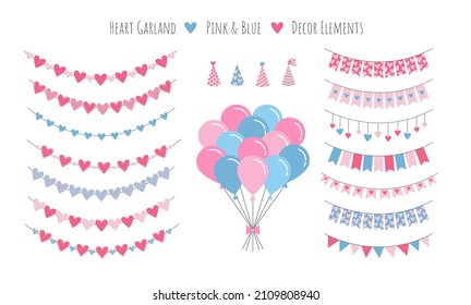 Herzgartendekoration Elemente. Valentinstag Festfest, Basteln, hängende Dekoration. Junge oder Mädchen-Party-Sachen: rosafarbene und blaue Ballons und Partykonuskappen. Flaches Cartoon, Vektorgrafik