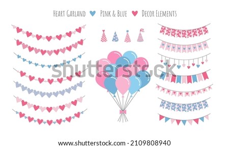 Heart garland party decor elements. Valentine day fest festoon, bunting, hanging decoration. Boy or girl party stuff: pink and blue balloons and party cone caps. Flat style cartoon vector illustration