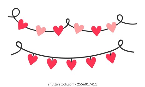 Heart garlands. Minimalist Valentine's Day decoration with pink and red hearts on strings.