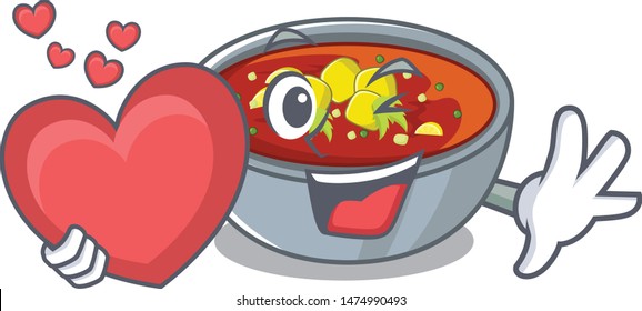 With heart gazpacho dishes above wooden table character