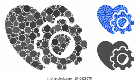 Heart gear composition of small circles in various sizes and color tones, based on heart gear icon. Vector random circles are composed into blue composition.