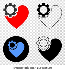 Heart gear EPS vector icon with contour, black and colored versions. Illustration style is flat iconic symbol on chess transparent background.