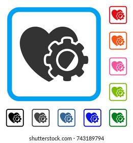 Heart Gear icon. Flat gray pictogram symbol in a light blue rounded square. Black, gray, green, blue, red, orange color variants of Heart Gear vector. Designed for web and app user interface.
