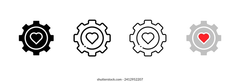 Heart in gear icons. Different styles, heart inside gear icons. Vector icons