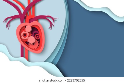 Heart gear mechanism vector. Cardiology illustration. Human cardiac internal organ with cog wheel inside. Cardiovascular disease and cardiovascular system functionality