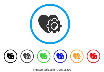 Heart Gear rounded icon. Style is a flat heart gear gray symbol inside light blue circle with black, gray, green, blue, red, orange versions. Vector designed for web and software interfaces.