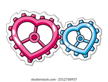 Heart gears for Valentine Day. Holiday romantic sticker and love symbol.