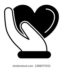 Heart in gentle hand solid icon, Valentines Day concept, Heart care sign on white background, palm hold love symbol icon in glyph style for mobile concept and web design. Vector graphics