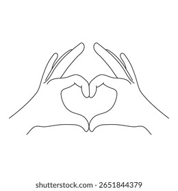Gesto de corazón con Ilustración vectorial de manos. Esta Ilustración vectorial presenta un dibujo de línea minimalista de dos manos humanas que forman una forma de corazón.