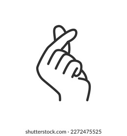 Heart gesture with two fingers, linear icon, thumb and forefinger. Line with editable stroke