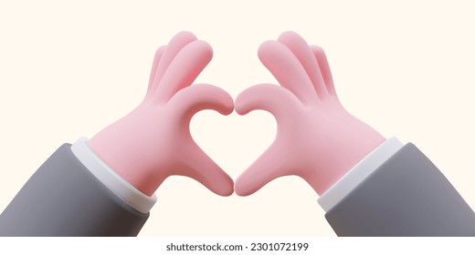 Heart gesture with two hands. 3d image of declaration of love. Non verbal sign of love. Cartoon illustration of sign language, symbol from heart. Relationships between people, customer care