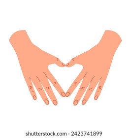 A heart gesture with two palms. The heart from the hands. Sign language. The design element. Vector illustration in a flat style, isolated on a white background
