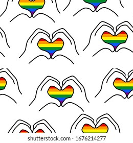 Heart gesture with white background vector seamless pattern. Rainbow colors repeat design with romantic homosexual relationship symbols to use as fabric, textile print, wrapping  or poster background