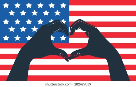 heart gestures against USA flag