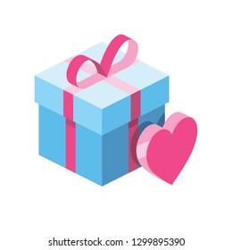 Heart gift 3d vector icon isometric pink and blue color minimalism illustrate