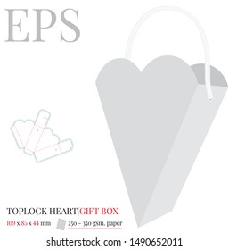 Heart Gift Bag Template. Vector with die cut / laser cut lines. White, clear, blank, isolated heart box mock up on white background with perspective view. Packaging Design perspective presentation