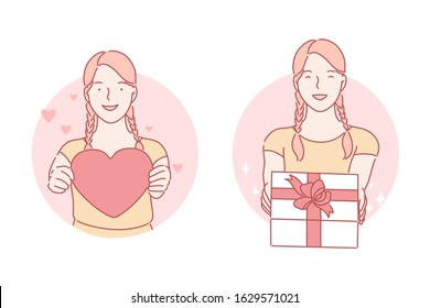 Heart, gift, birthday set concept. Young cheerful woman presents heart on valentines day. Happy girl is giving gift on birthday. Hearted girlfriend gifts present at anniversary. Simple flat vector