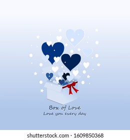 heart with gift box, blue background and text box of love, love you every day.