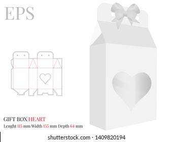 Heart Gift Box with Bow Template, vector with die cut / laser cut lines. White, clear, blank, isolated Present Box mock up on white background with perspective view. Packaging Design