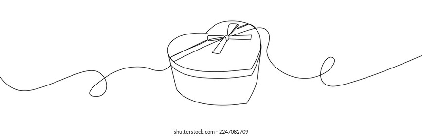 Heart gift box one line drawing. Continuous one line heart box.Presents with ribbon bow.Hand drawn greeting valentine present box.Line art valentine surprise.Heart with a ribbon