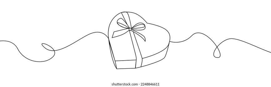 Heart gift box one line drawing. Continuous one line heart box.Presents with ribbon bow.Hand drawn greeting valentine present box.Line art valentine surprise.Heart with a ribbon