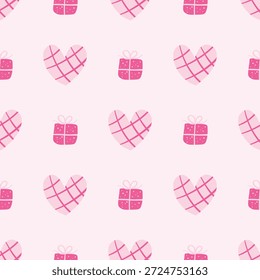 Corazón y caja de regalo sin patrón sobre un fondo rosa. Concepto de San Valentín. Para la tarjeta, la tela y el papel de embalaje.

