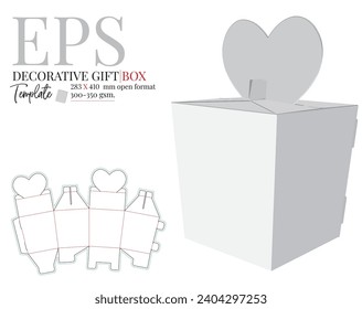 Heart Gift Box self lock template, Vector with die cut, laser cut lines. White clear blank isolated decorative gift box mock up on white background with perspective view