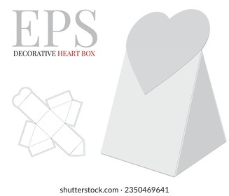 Heart Gift Box Template, Vector with die cut, laser cut lines. White clear blank isolated decorative gift box mock up on white background with perspective view