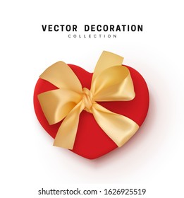 Heart Gift Box Vector. Festive Realistic Objects. Red Gift Boxes tied ribbon bow from string fabric silk beige. Romantic Holiday Presents flat top view. Flatly design