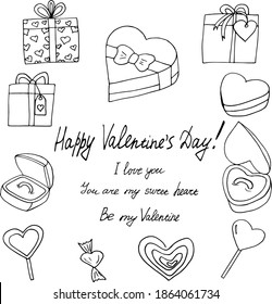 heart gift, candy, box with ring and lettering happy valentines day, i love you, be my valentine. set icon, sticker. sketch hand drawn doodle. vector scandinavian monochrome minimalism. collection