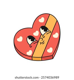 Heart gift with face expression. Retro icon of Valentines day or romantic holiday present with ribbon. Love and affection, romance surprise. Wrapping for relationship or flirt gift. Holiday, festive.