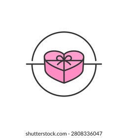 Heart gift icon styled as a romantic logo element, symbolizing love, celebration, and thoughtful gift-giving. Perfect for branding, packaging, or holiday designs, this icon conveys affection and joy in a clean, recognizable format