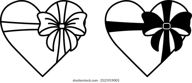 Heart Gift Icons. Black and White Vector Icons. Heart with Bow for Valentine's Day. Holiday Concept