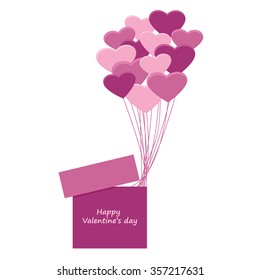 Heart gift present with fly hearts and balloon vector illustration for design