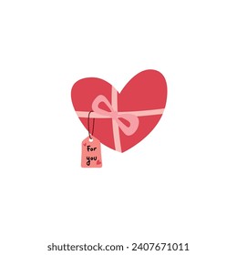 Heart gift with a ribbon and a tag flat vector illustration isolated on white background. Element for Valentine's day concept. Doodles clip art in cartoon style. Happy Valentine's day.